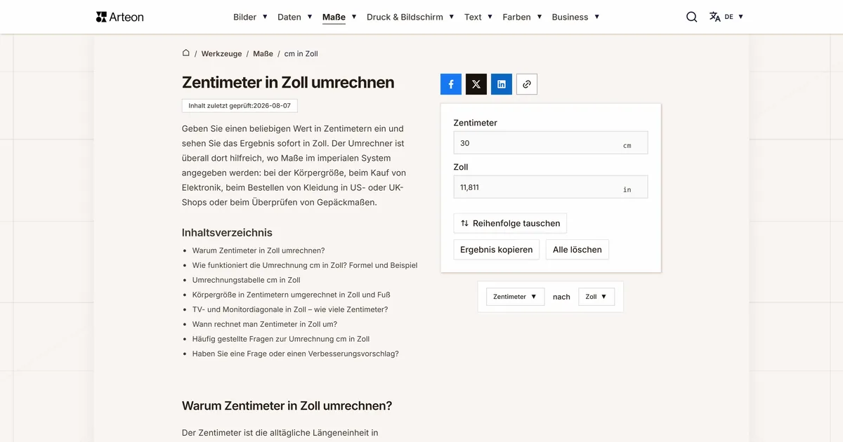 Screenshot des kostenlosen Arteon-Werkzeugs: Zentimeter in Zoll umrechnen