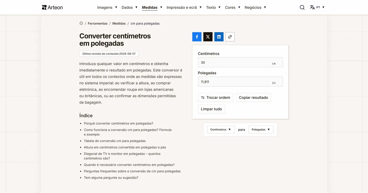 Captura de ecrã da ferramenta gratuita da Arteon: Converter centímetros em polegadas