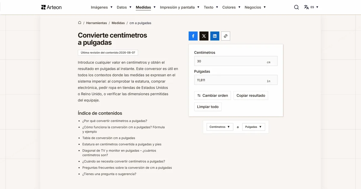 Captura de pantalla de la herramienta gratuita de Arteon: Convierte centímetros a pulgadas