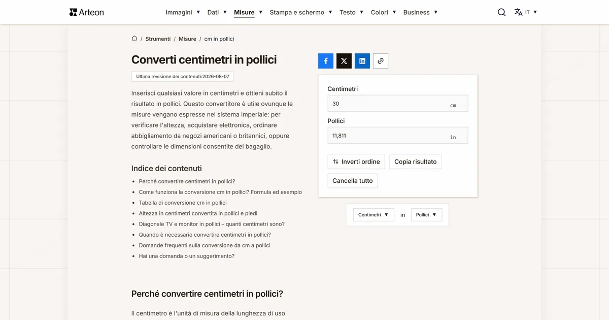 Screenshot dello strumento gratuito Arteon: Converti centimetri in pollici