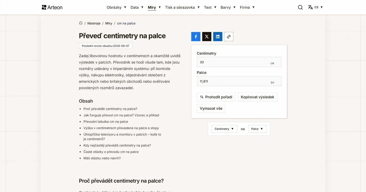 Snímek obrazovky bezplatného nástroje Arteon: Převeď centimetry na palce