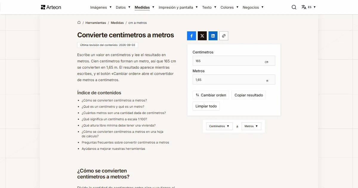 Captura de pantalla de la herramienta gratuita de Arteon: Convierte centímetros a metros