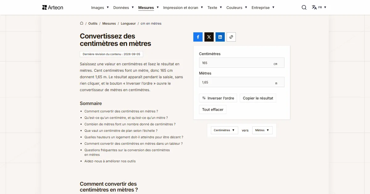 Capture d'écran de l'outil gratuit d'Arteon: Convertissez des centimètres en mètres