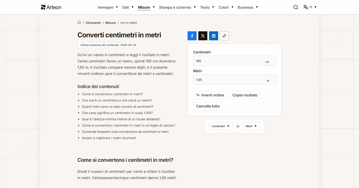 Screenshot dello strumento gratuito Arteon: Converti centimetri in metri