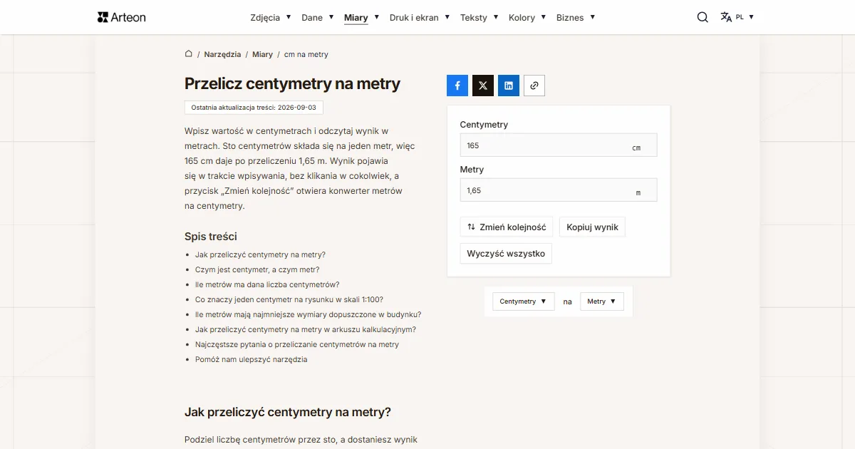 Zrzut ekranu darmowego narzędzia Arteon: Przelicz centymetry na metry
