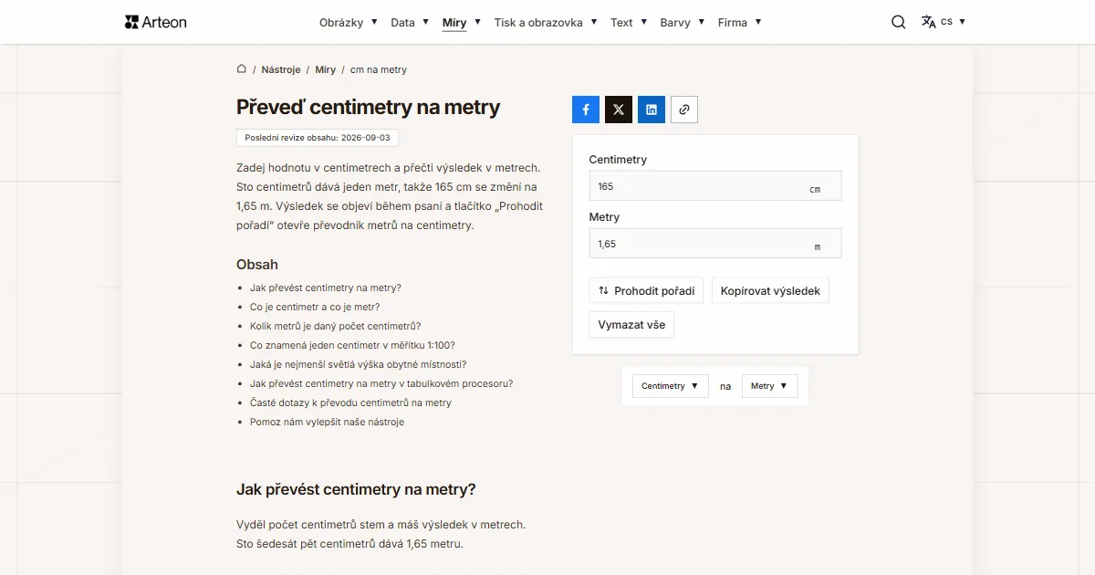 Snímek obrazovky bezplatného nástroje Arteon: Převeď centimetry na metry