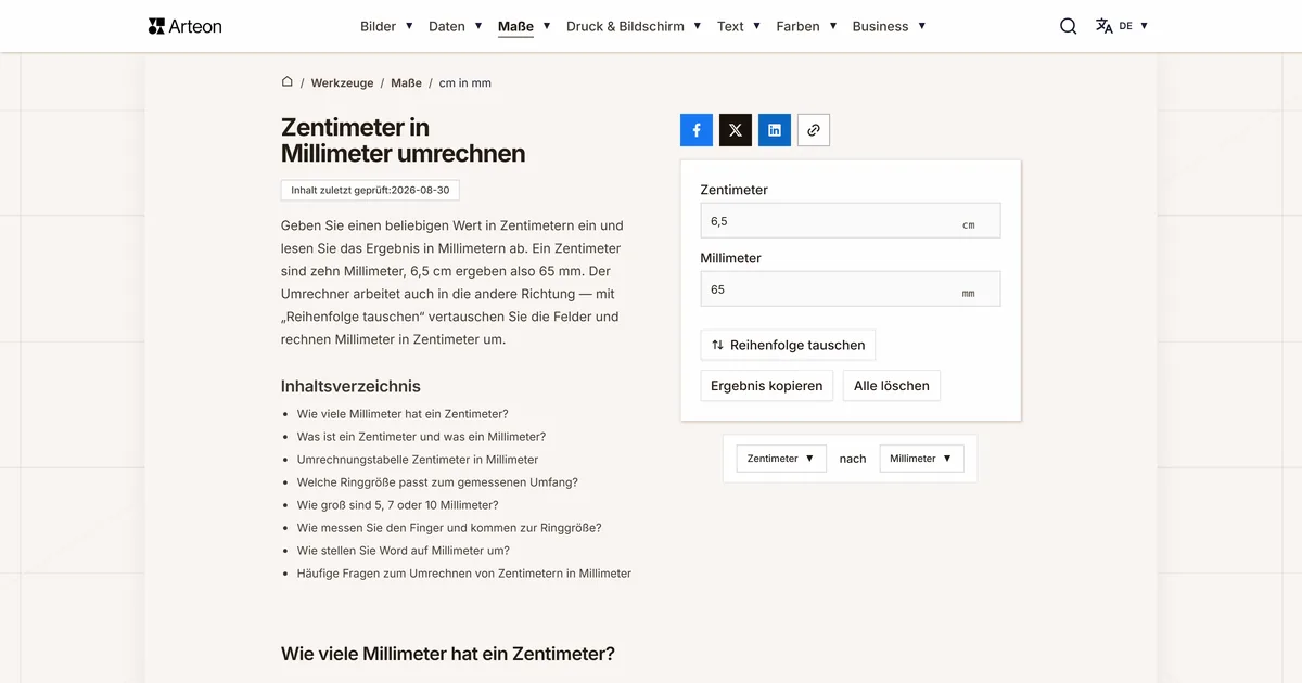 Screenshot des kostenlosen Arteon-Werkzeugs: Zentimeter in Millimeter umrechnen