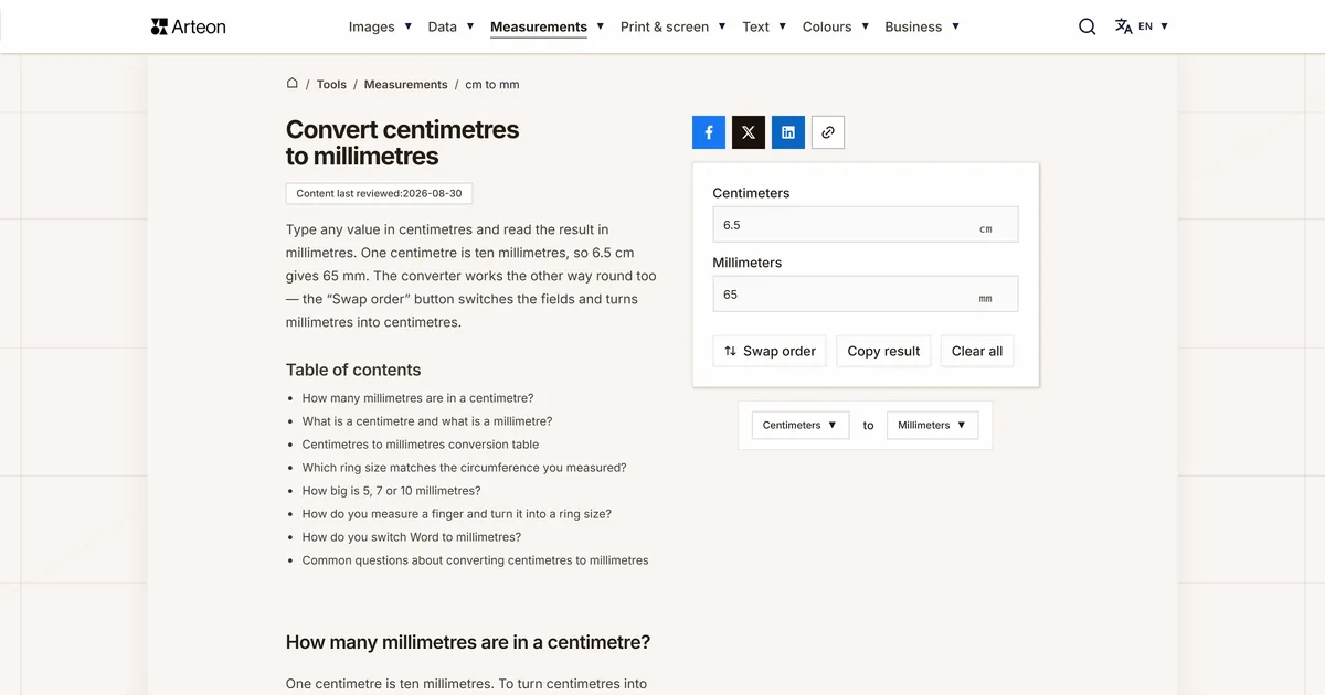 Arteon free tool screenshot: Convert centimetres to millimetres