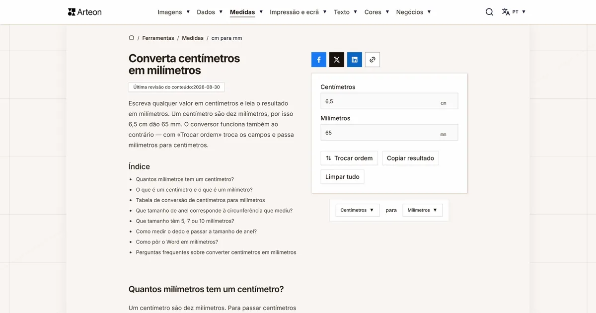 Captura de ecrã da ferramenta gratuita da Arteon: Converta centímetros em milímetros