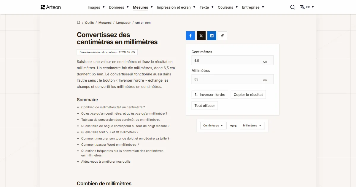 Capture d'écran de l'outil gratuit d'Arteon: Convertissez des centimètres en millimètres