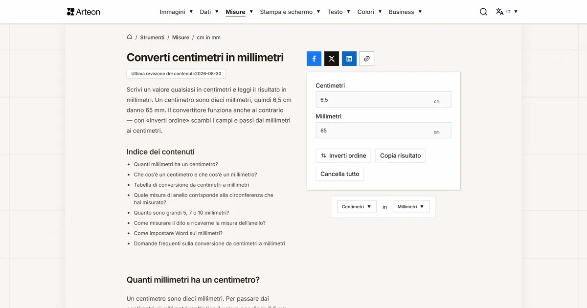 Screenshot dello strumento gratuito Arteon: Converti centimetri in millimetri