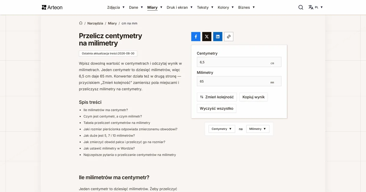 Zrzut ekranu darmowego narzędzia Arteon: Przelicz centymetry na milimetry