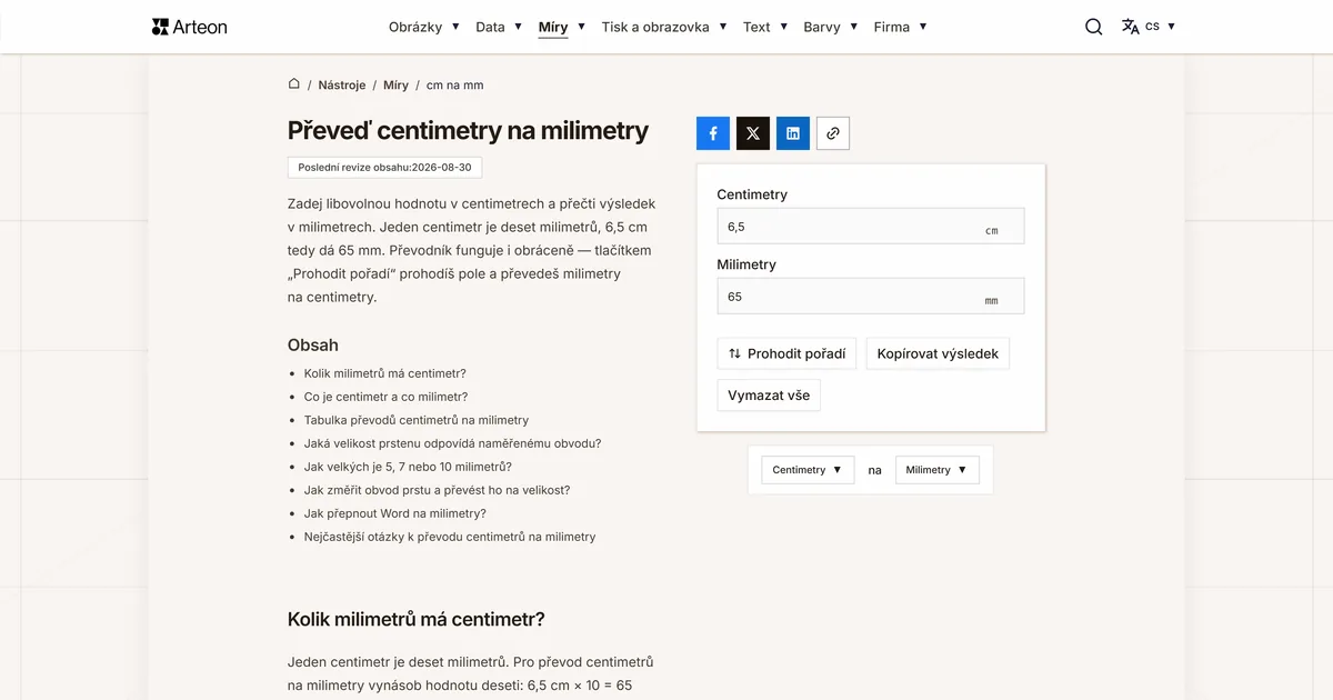 Snímek obrazovky bezplatného nástroje Arteon: Převeď centimetry na milimetry