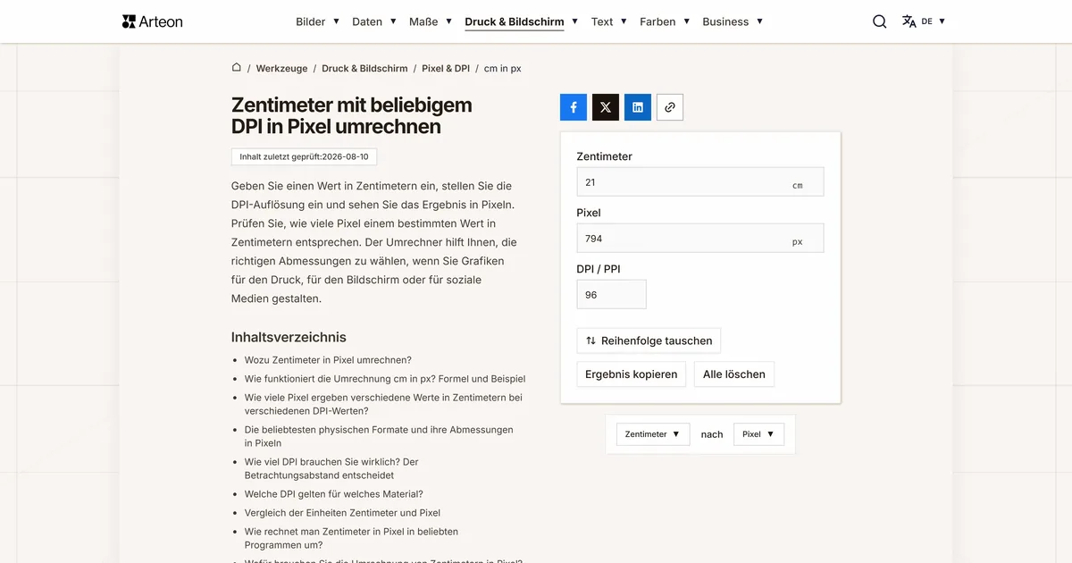 Screenshot des kostenlosen Arteon-Werkzeugs: Zentimeter mit beliebigem DPI in Pixel umrechnen
