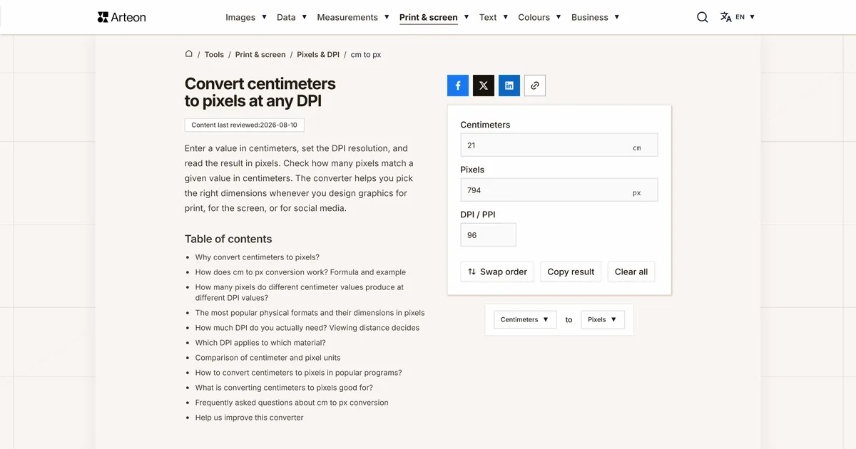 Arteon free tool screenshot: Convert centimeters to pixels at any DPI