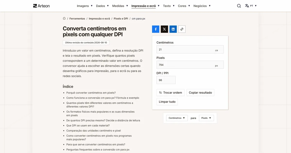 Captura de ecrã da ferramenta gratuita da Arteon: Converta centímetros em pixels com qualquer DPI