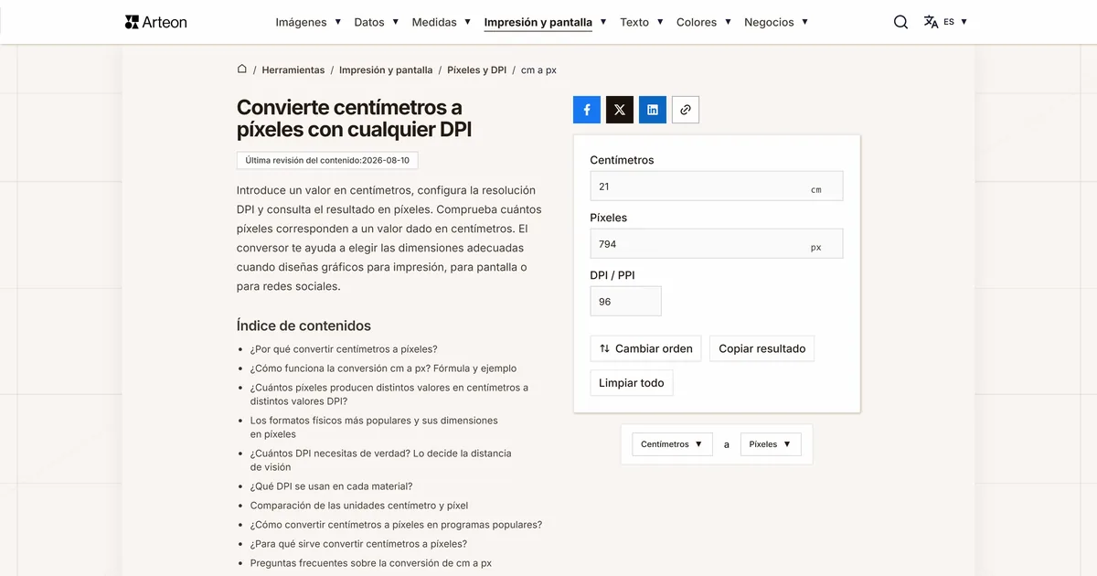 Captura de pantalla de la herramienta gratuita de Arteon: Convierte centímetros a píxeles con cualquier DPI