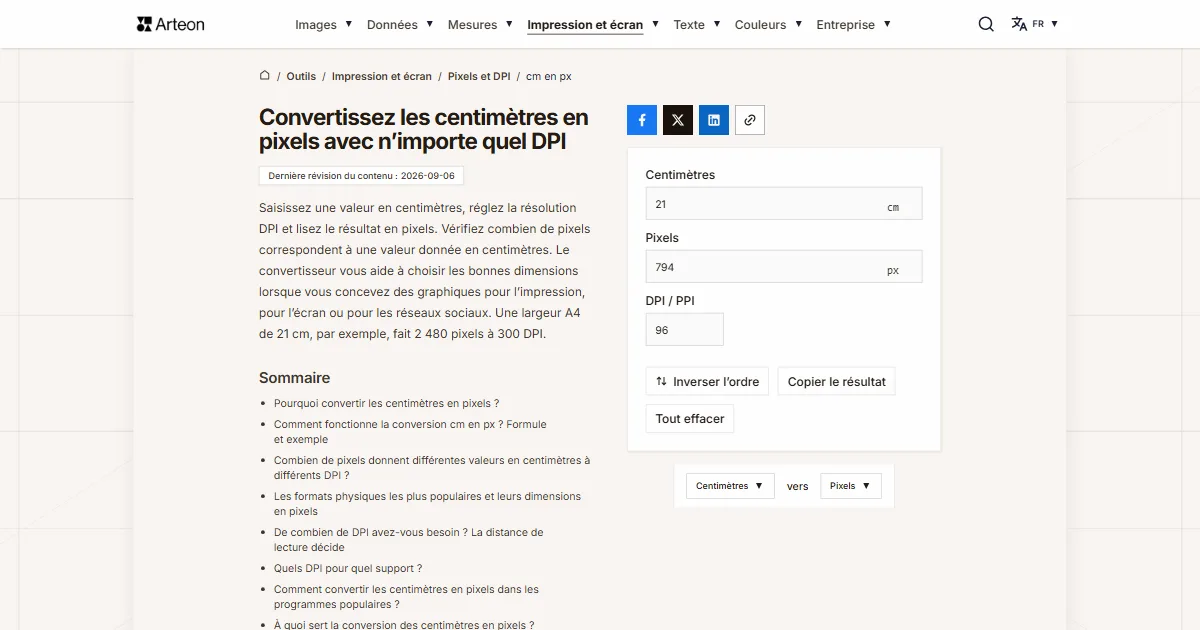 Capture d'écran de l'outil gratuit d'Arteon: Convertissez les centimètres en pixels avec n’importe quel DPI