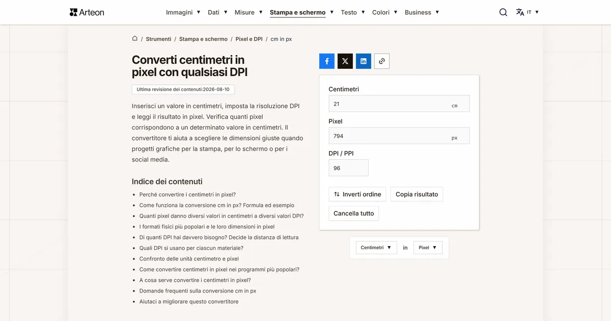 Screenshot dello strumento gratuito Arteon: Converti centimetri in pixel con qualsiasi DPI