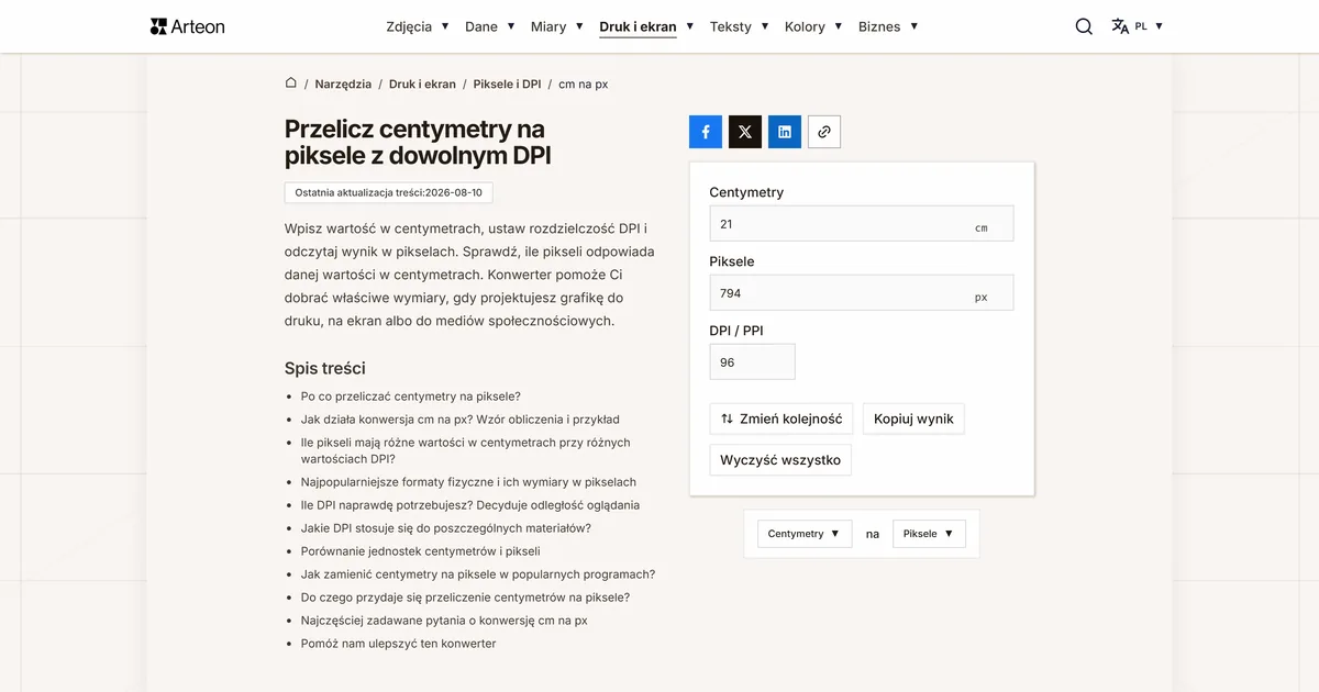 Zrzut ekranu darmowego narzędzia Arteon: Przelicz centymetry na piksele z dowolnym DPI