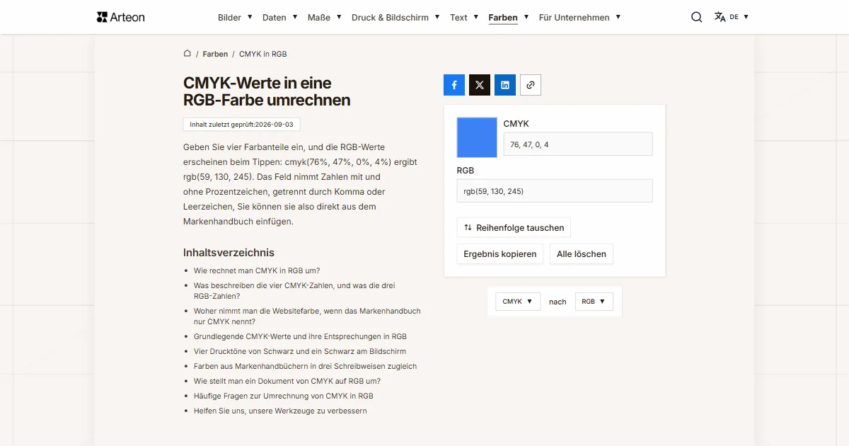 Screenshot des kostenlosen Arteon-Werkzeugs: CMYK-Werte in eine RGB-Farbe umrechnen