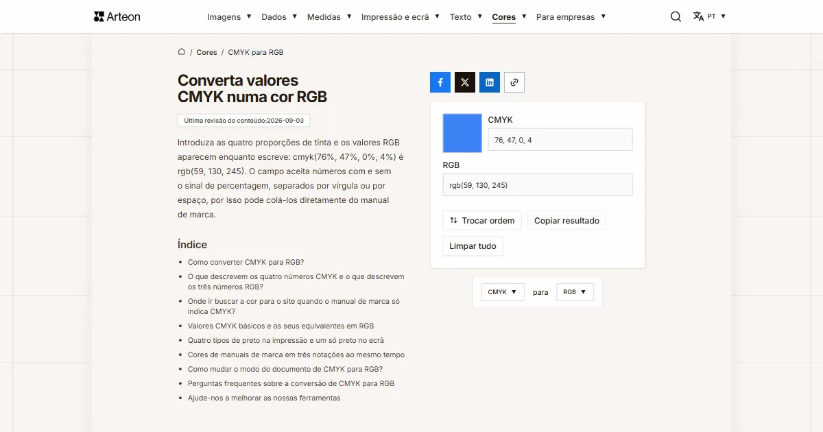 Captura de ecrã da ferramenta gratuita da Arteon: Converta valores CMYK numa cor RGB