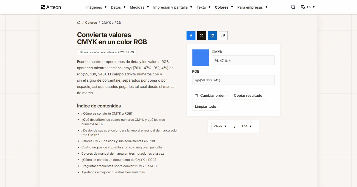 Captura de pantalla de la herramienta gratuita de Arteon: Convierte valores CMYK en un color RGB