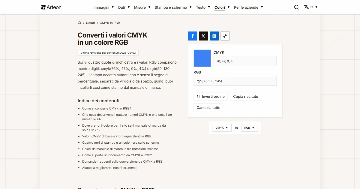 Screenshot dello strumento gratuito Arteon: Converti i valori CMYK in un colore RGB