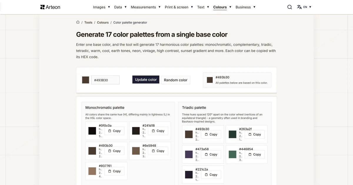 Arteon free tool screenshot: Generate 17 color palettes from a single base color