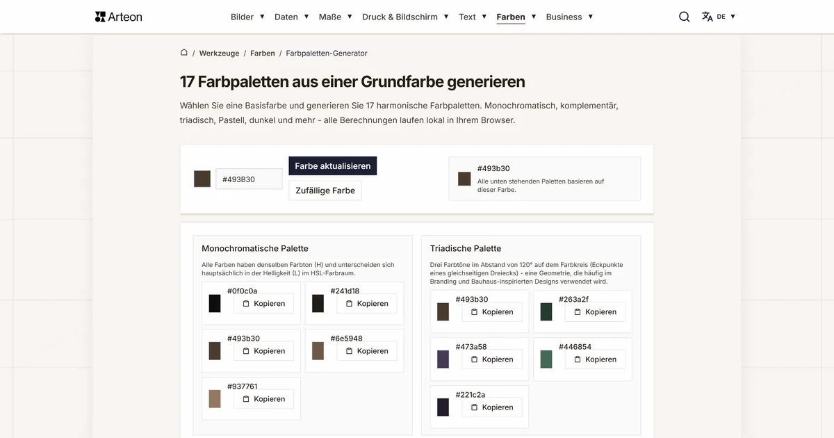 Screenshot des kostenlosen Arteon-Werkzeugs: 17 Farbpaletten aus einer Grundfarbe generieren