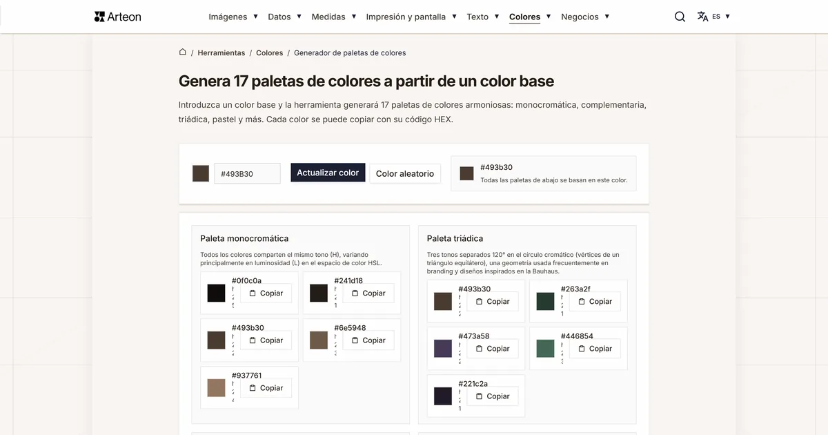 Captura de pantalla de la herramienta gratuita de Arteon: Genera 17 paletas de colores a partir de un color base