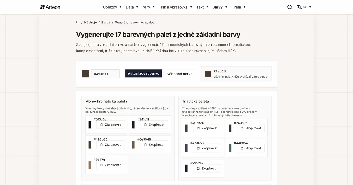 Snímek obrazovky bezplatného nástroje Arteon: Vygenerujte 17 barevných palet z jedné základní barvy