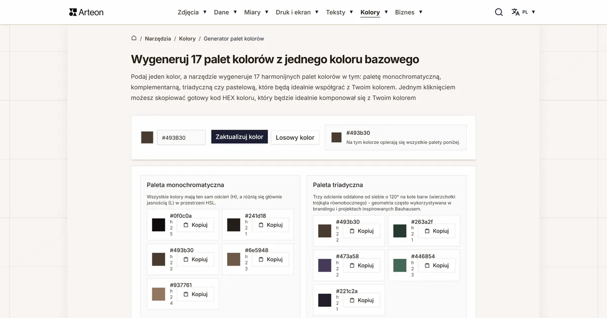 Zrzut ekranu darmowego narzędzia Arteon: Wygeneruj 17 palet kolorów z jednego koloru bazowego