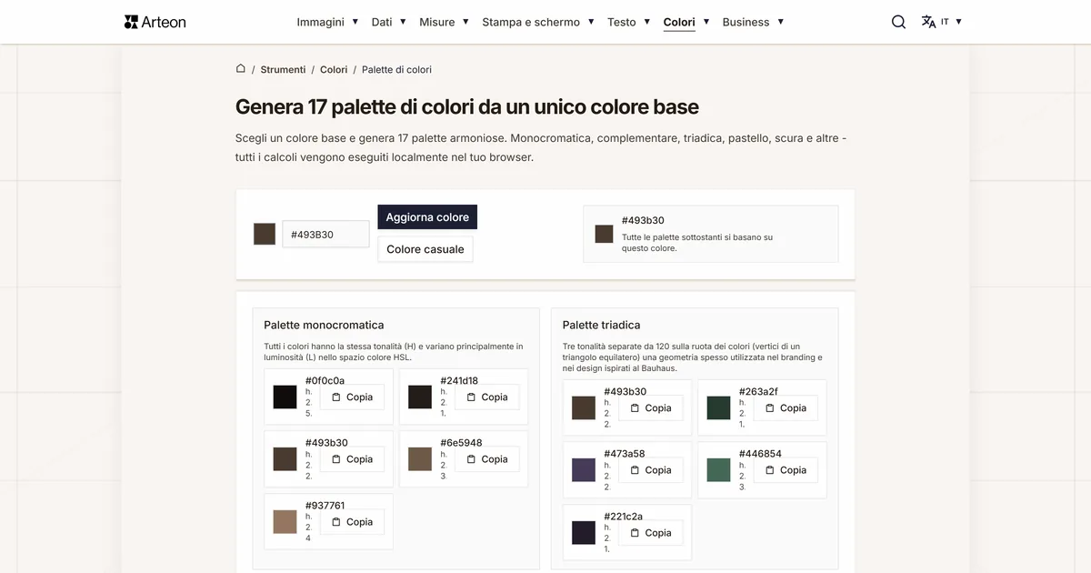 Screenshot dello strumento gratuito Arteon: Genera 17 palette di colori da un unico colore base