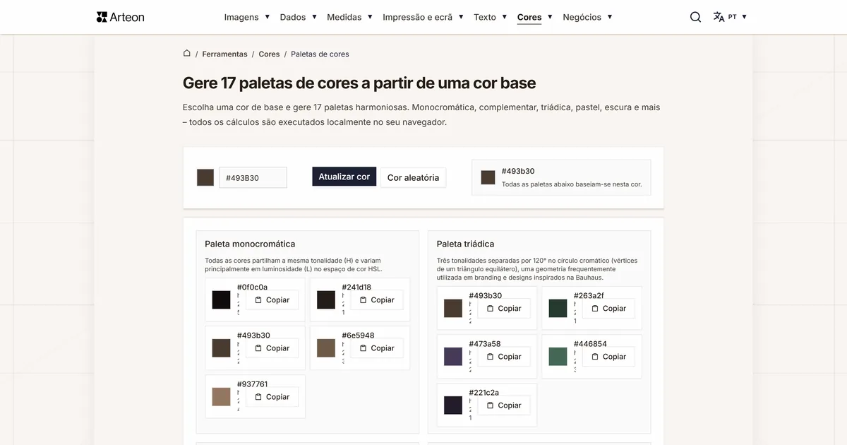 Captura de ecrã da ferramenta gratuita da Arteon: Gere 17 paletas de cores a partir de uma cor base
