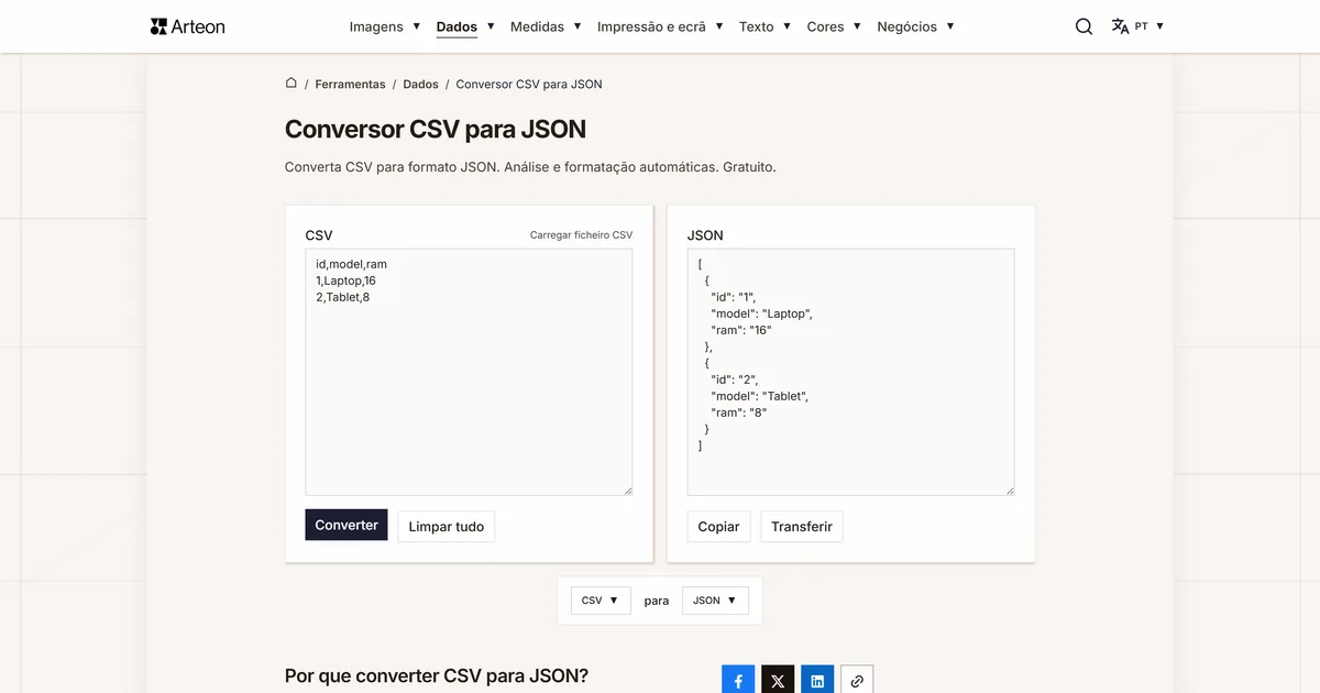 Captura de ecrã da ferramenta gratuita da Arteon: Conversor CSV para JSON