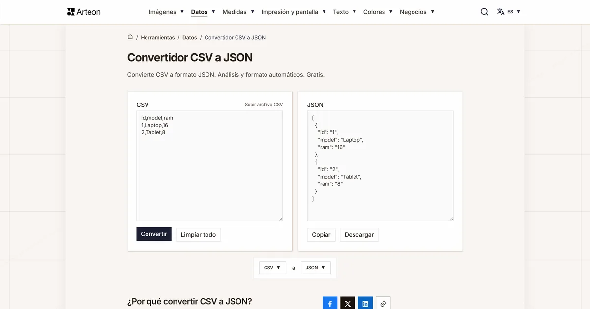 Captura de pantalla de la herramienta gratuita de Arteon: Convertidor CSV a JSON