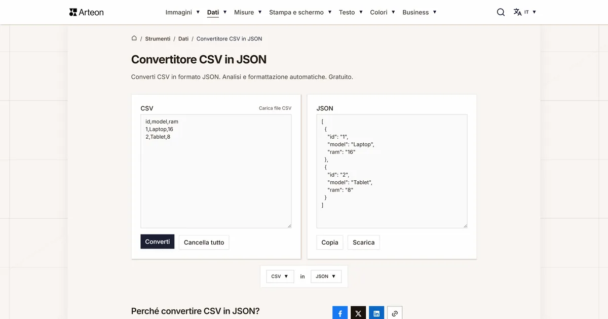 Screenshot dello strumento gratuito Arteon: Convertitore CSV in JSON