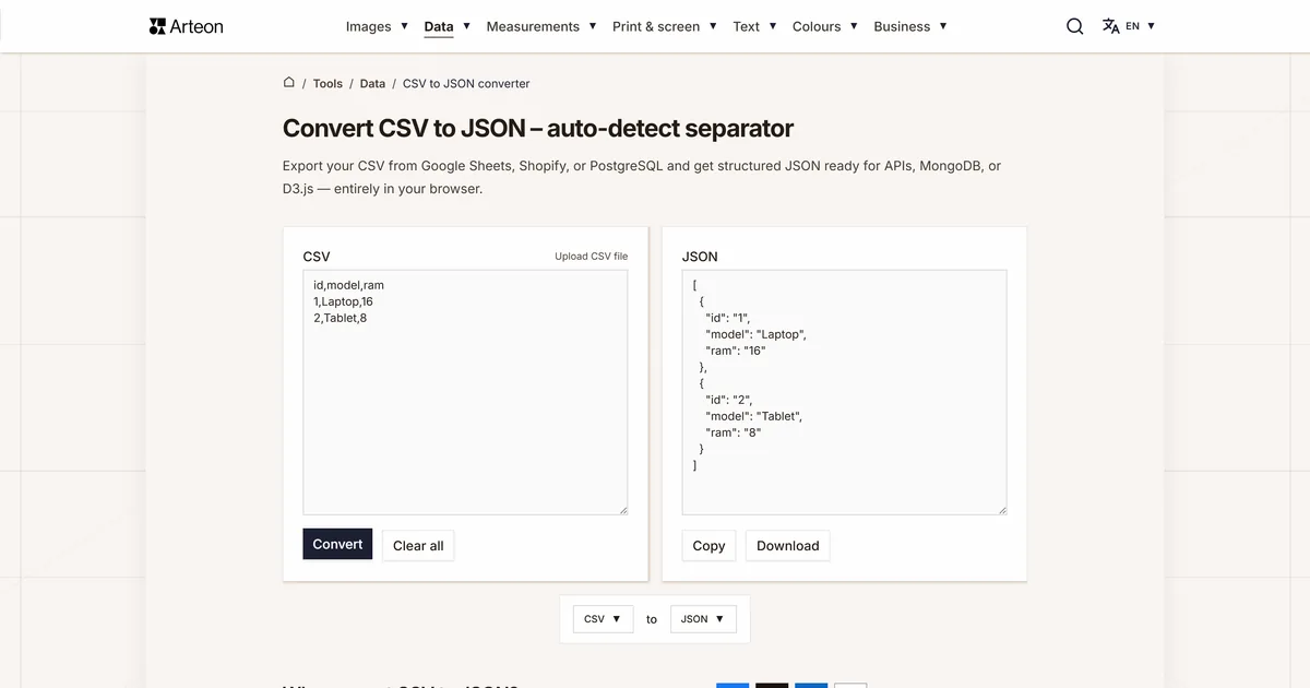 Arteon free tool screenshot: Convert CSV to JSON – auto-detect separator