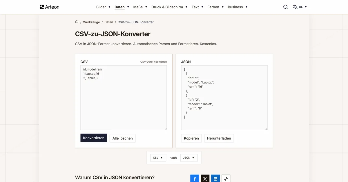 Screenshot des kostenlosen Arteon-Werkzeugs: CSV-zu-JSON-Konverter