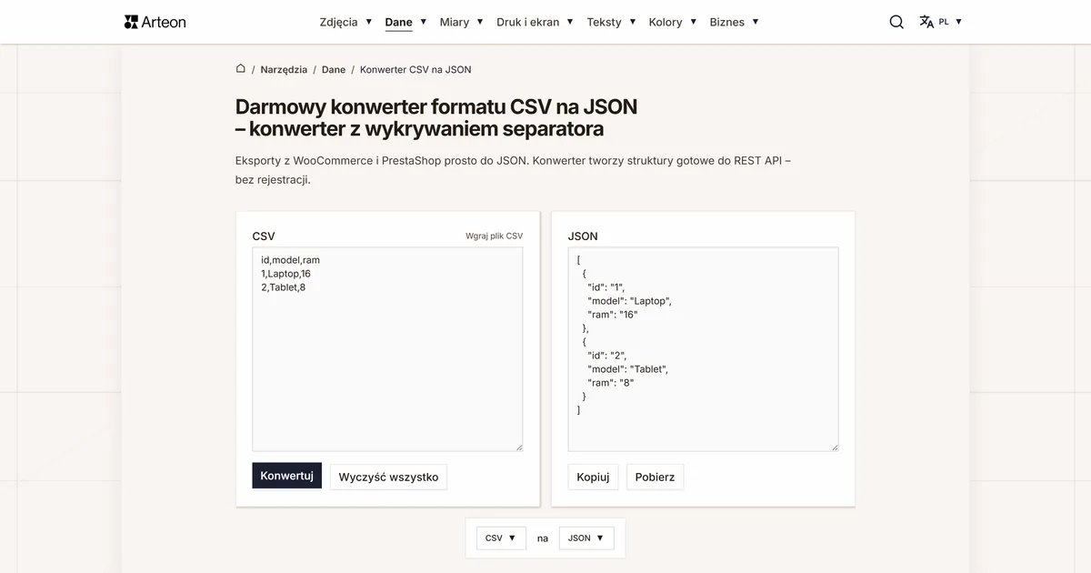 Zrzut ekranu darmowego narzędzia Arteon: Darmowy konwerter formatu CSV na JSON – konwerter z wykrywaniem separatora