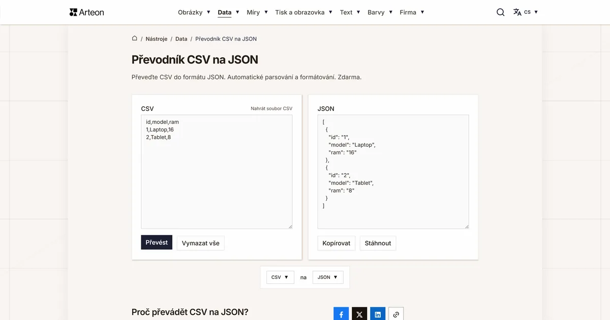 Snímek obrazovky bezplatného nástroje Arteon: Převodník CSV na JSON