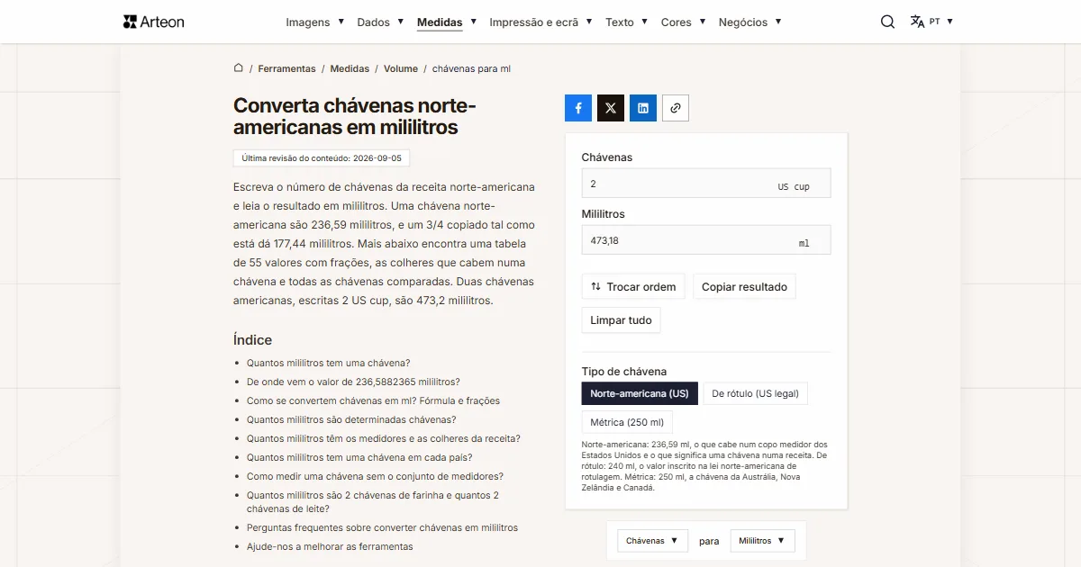 Captura de ecrã da ferramenta gratuita da Arteon: Converta chávenas norte-americanas em mililitros