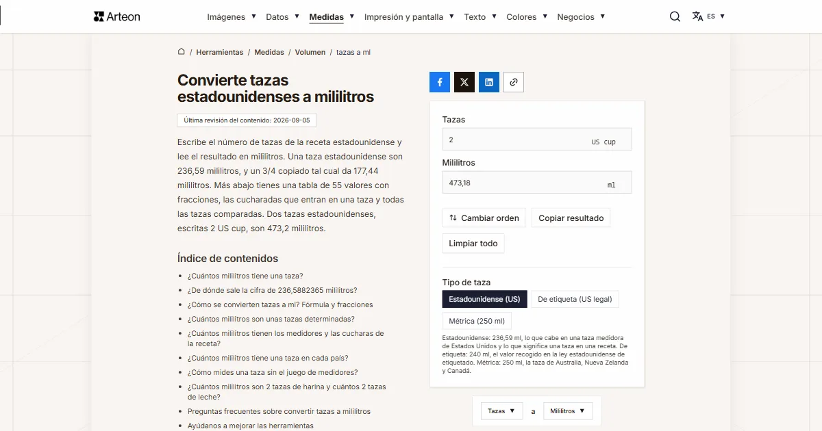 Captura de pantalla de la herramienta gratuita de Arteon: Convierte tazas estadounidenses a mililitros