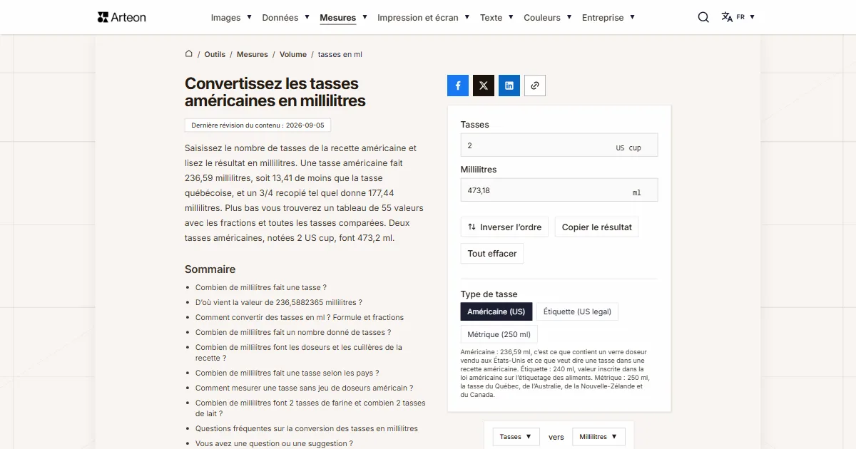 Capture d'écran de l'outil gratuit d'Arteon: Convertissez les tasses américaines en millilitres