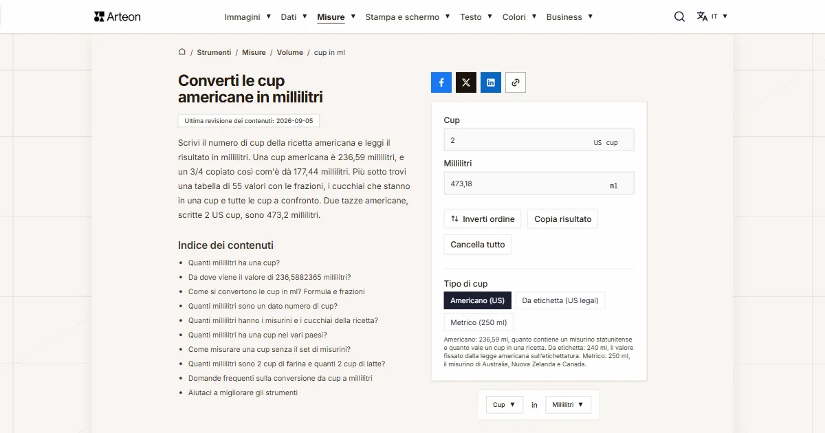 Screenshot dello strumento gratuito Arteon: Converti le cup americane in millilitri