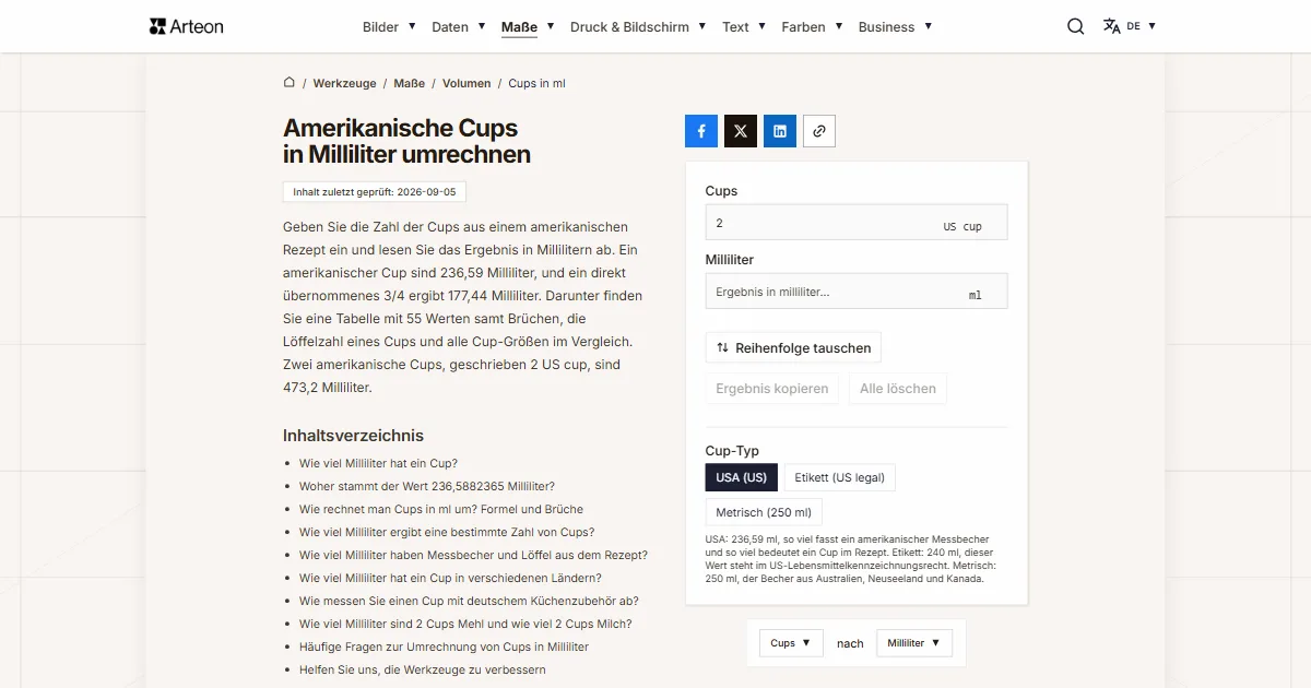 Screenshot des kostenlosen Arteon-Werkzeugs: Amerikanische Cups in Milliliter umrechnen