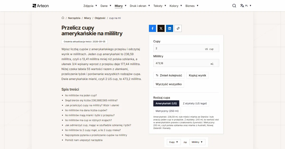 Zrzut ekranu darmowego narzędzia Arteon: Przelicz cupy amerykańskie na mililitry