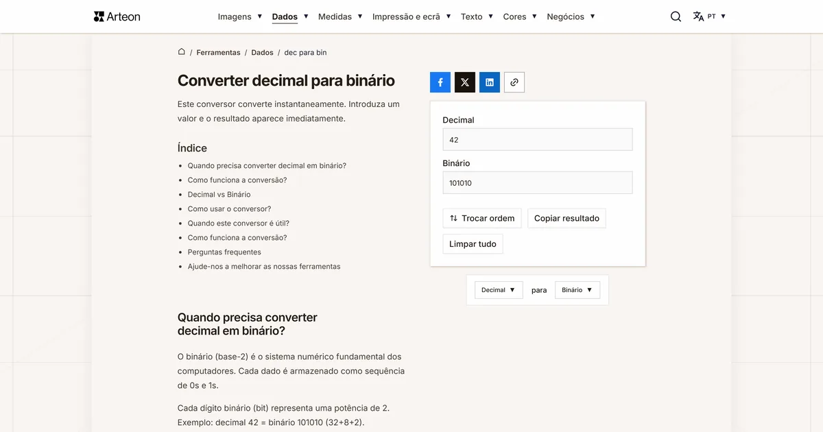 Captura de ecrã da ferramenta gratuita da Arteon: DEC para BIN