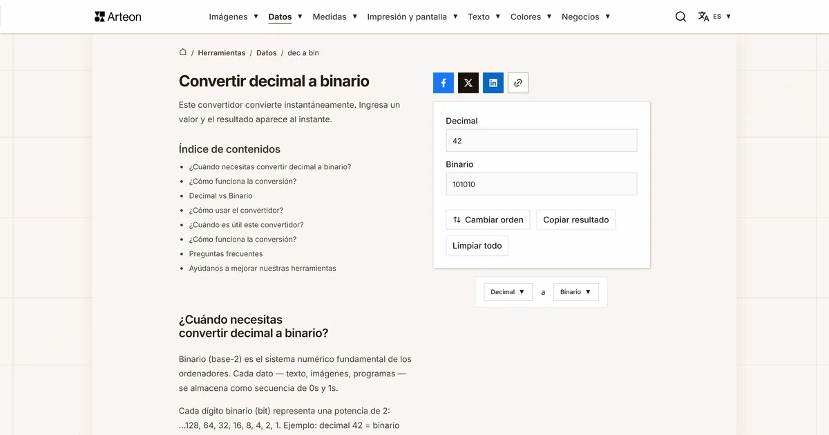 Captura de pantalla de la herramienta gratuita de Arteon: DEC a BIN
